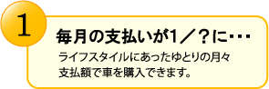 １．毎月の支払いが１／？に・・・　ライフスタイルにあったゆとりの月々支払額でクルマを購入できます。