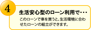 生活安心型のローン利用で・・・　このローンでクルマを買うと、生活環境に合わせたローンの組立ができます。